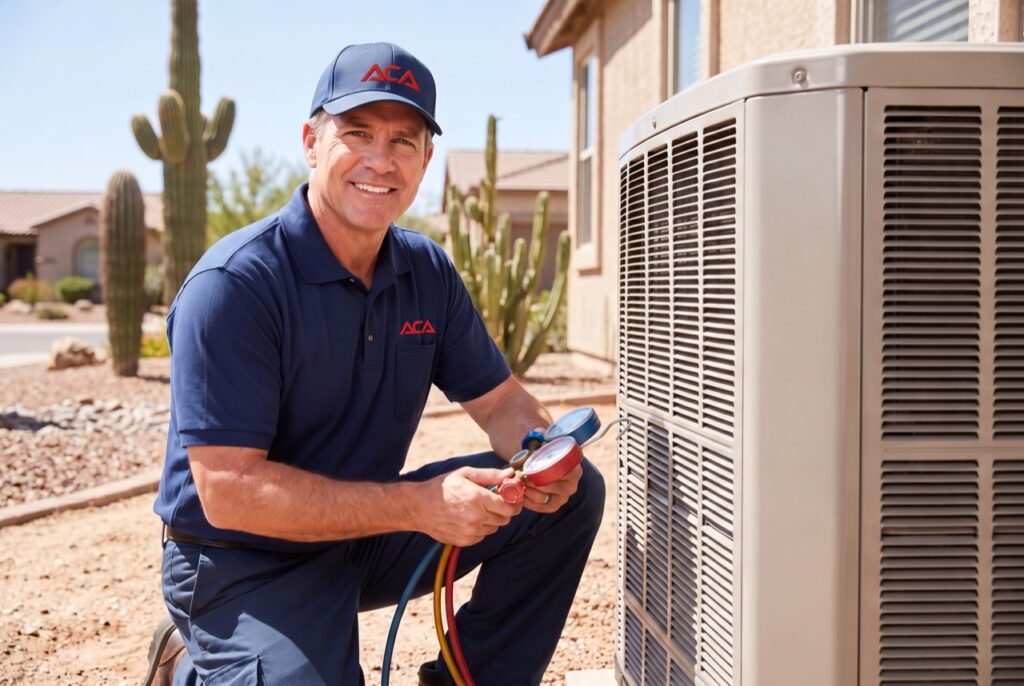 AC of Arizona HVAC technician in a branded ACA uniform servicing a heat pump