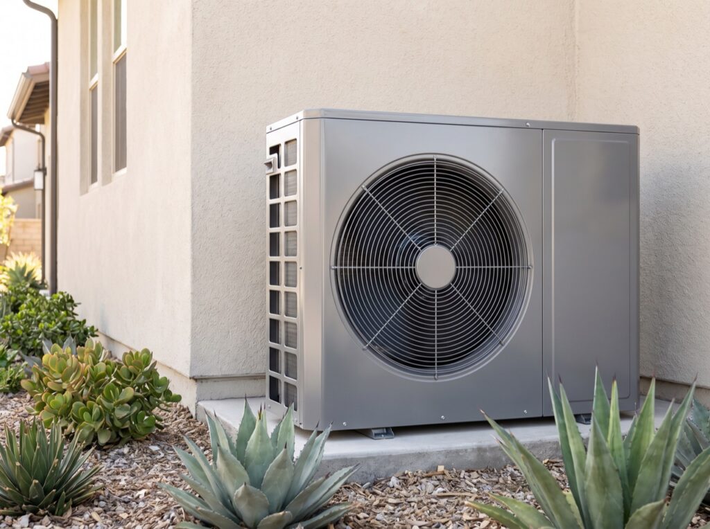 New high-efficiency heat pump condenser unit installed at an Arizona home